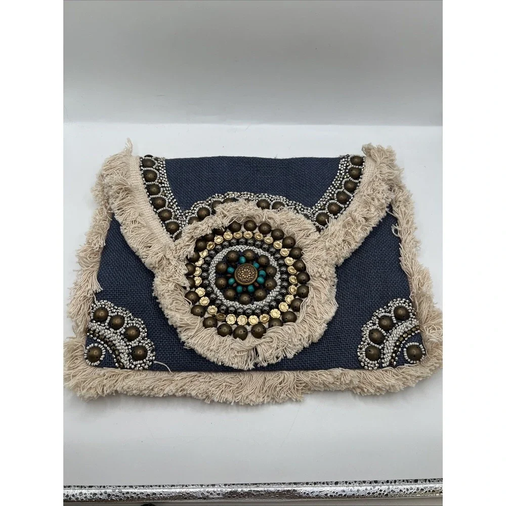 Labellum Hillary Scott Fringe Detailed Metal Accented Envelope Brass Chain Strap